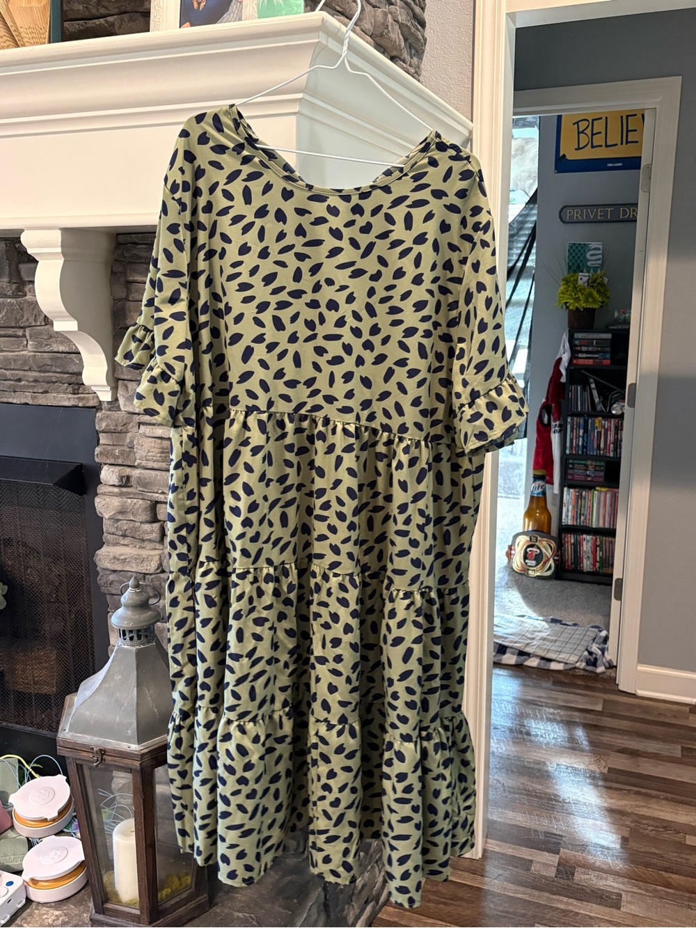Olive Green Printed Tiered Midi Dress with Ruffle Sleeves